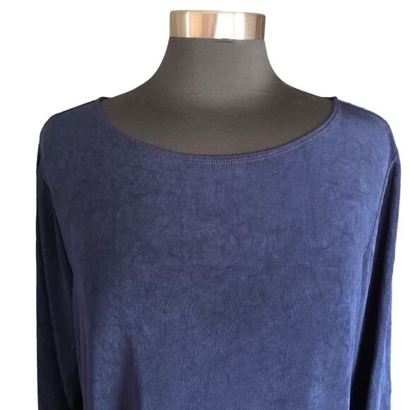 Chico's Travelers Collection Navy Slinky Knit Top Classic Palm Chiffon Trim XL - Picture 5 of 8